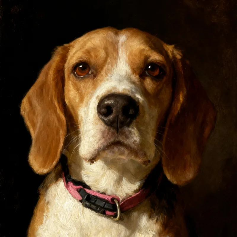 The same beagle as a classical oil portrait